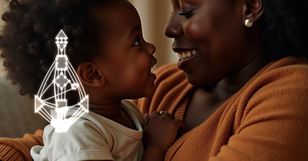 Un parent et son jeune enfant se regardent ; le BodyGraph de l'enfant apparaît en surimpression.